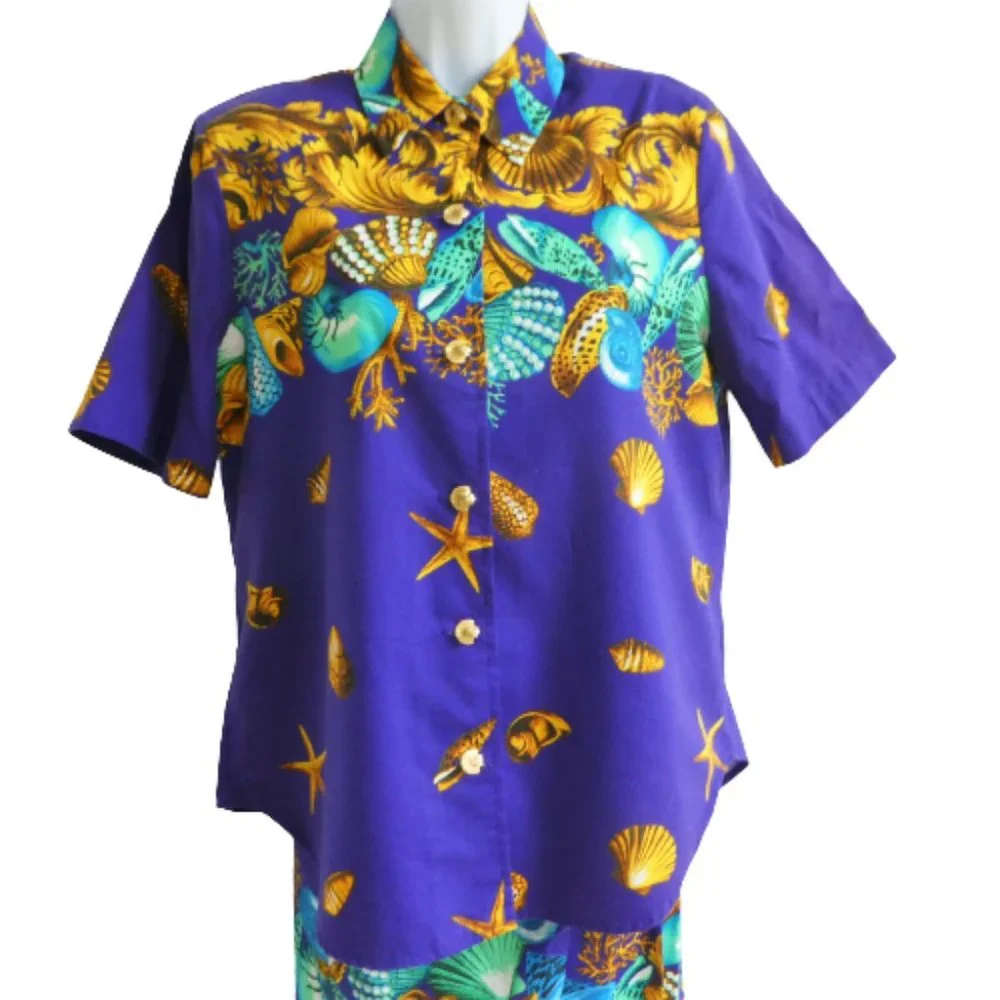 Vintage Skirt Set Ruched Side Sarong Tie Blouse Ocean Shells Theme Resort Sz M